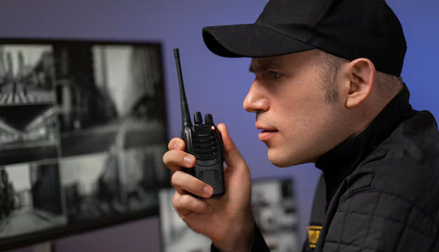 Male security guard monitoring camera screens and using a radio station.