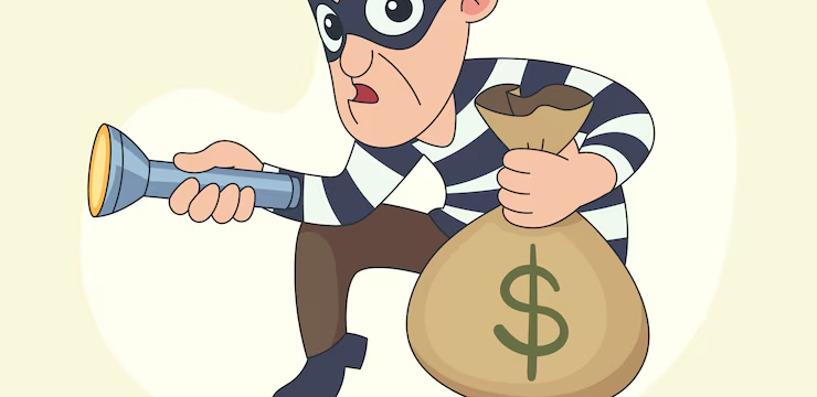 Illustration of a thief with a flashlight and a money bag after a break-in.