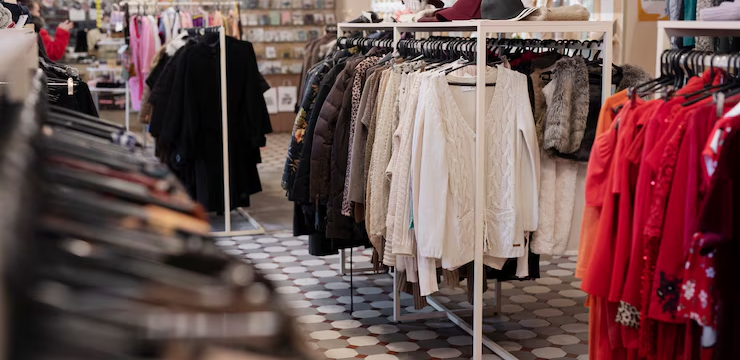 Interior of a retail store displaying neatly arranged clothing racks.​