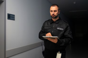 Security officer patrolling a school campus with a tablet in hand, surveilling surroundings for potential threats