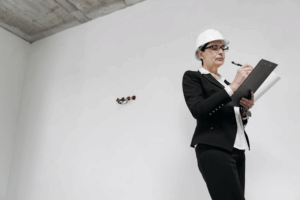 A woman in a white safety helmet and black blazer takes notes beside a white wall.